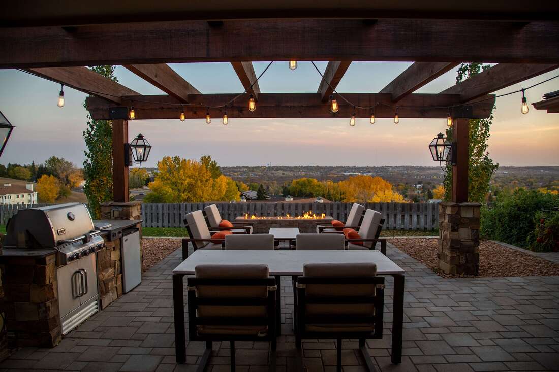 stamped concrete patio with sunset view